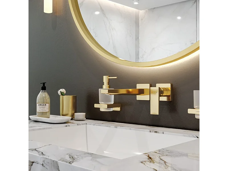 HANSGROHE Mitigeur de lavabo encastré mural, bec 225mm, poignée manette, bonde à écoulement libre aspect doré poli