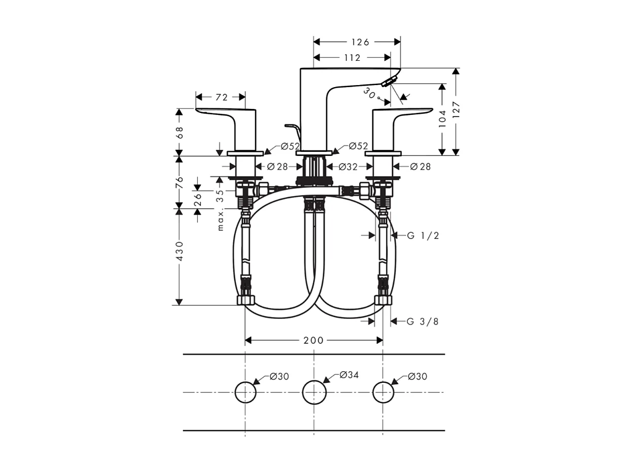 HANSGROHE Mezclador de lavabo Talis E 150, 3 agujeros, con tirador y desagüe negro mate
