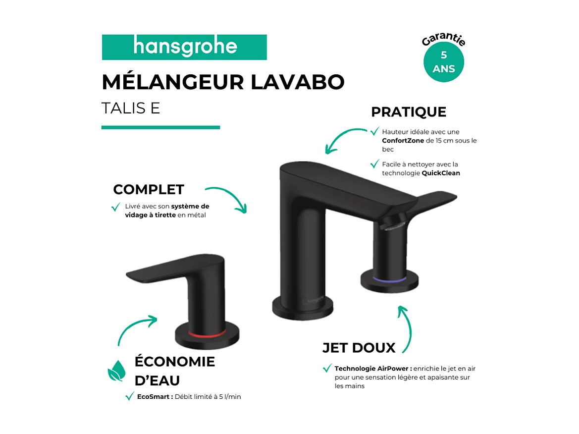 Mélangeur de lavabo HANSGROHE Talis E 150 3 trous avec tirette et vidage noir mat