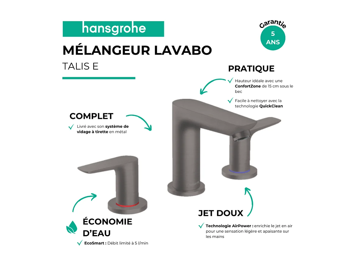 Mélangeur de lavabo HANSGROHE Talis E 150 3 trous avec tirette et vidage noir chromé brossé