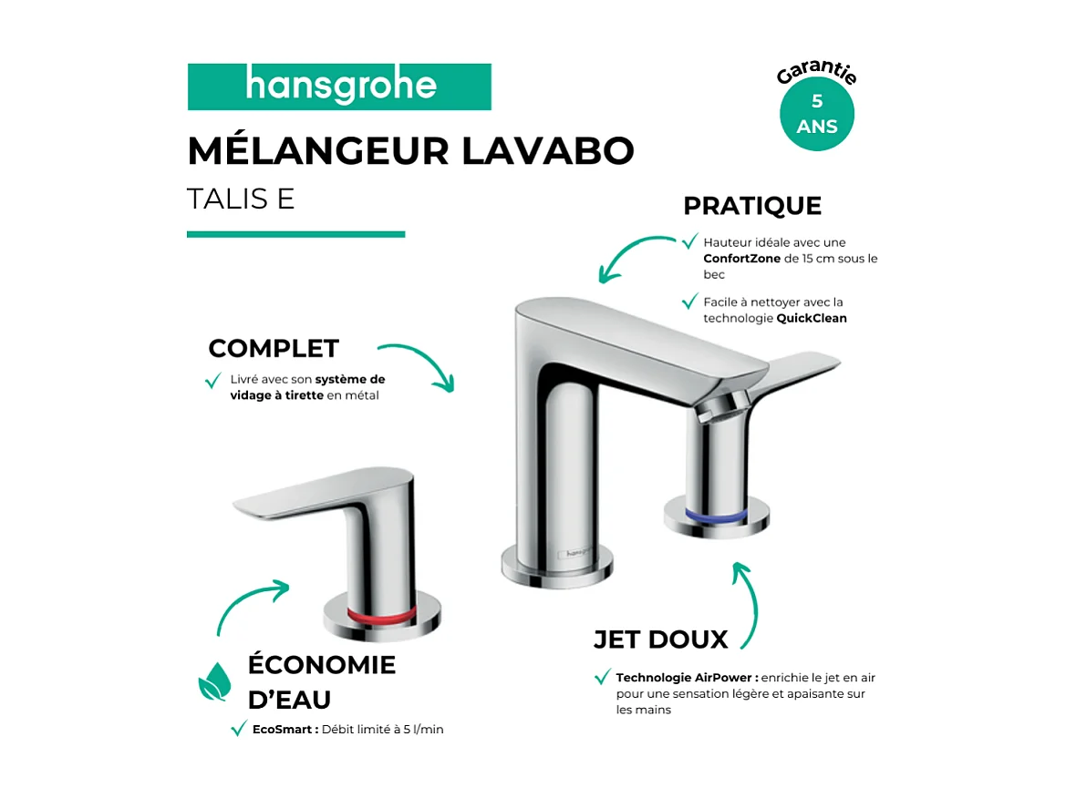 Mélangeur de lavabo HANSGROHE Talis E 150 3 trous avec tirette et vidage chromé