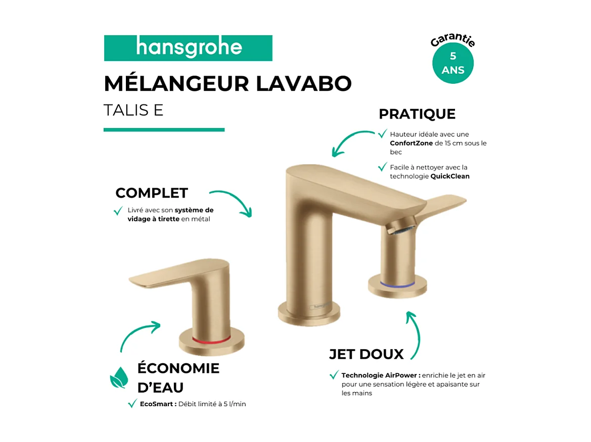 Mélangeur de lavabo HANSGROHE Talis E 150 3 trous avec tirette et vidage bronze brossé