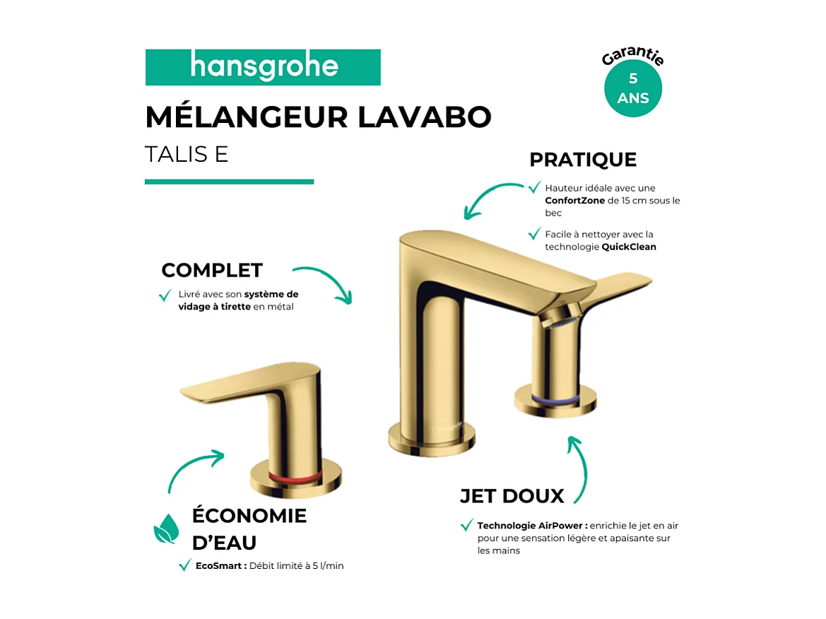 Mélangeur de lavabo HANSGROHE Talis E 150 3 trous avec tirette et vidage aspect doré poli