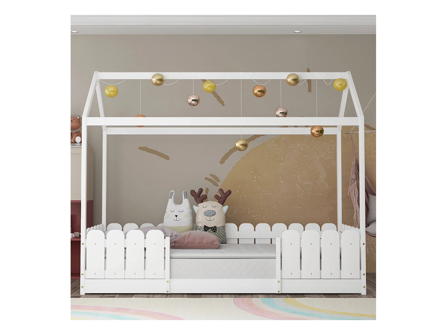 Lit cabane 90x200 cm lit enfant avec sommier à lattes - en bois de pin - Blanc - sans matelas