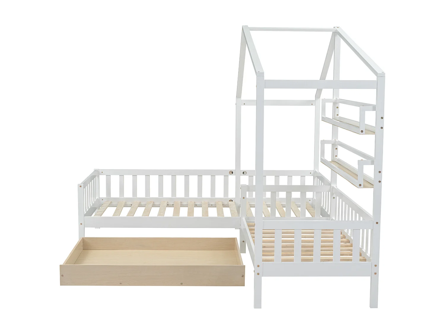Lit Cabane enfant en L 90x200 cm + 140x70 cm avec tiroirs et étagères - Bois avec clôture - Blanc