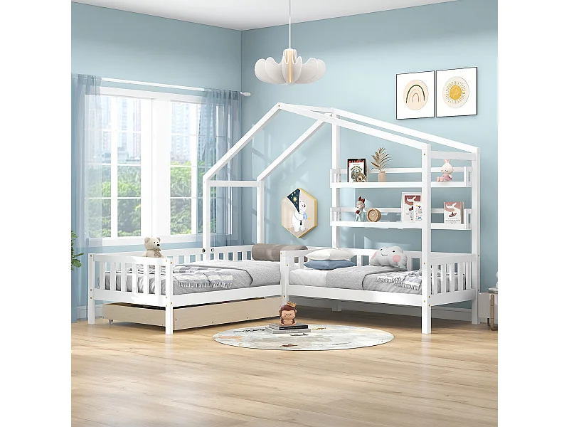Lit Cabane enfant en L 90x200 cm + 140x70 cm avec tiroirs et étagères - Bois avec clôture - Blanc