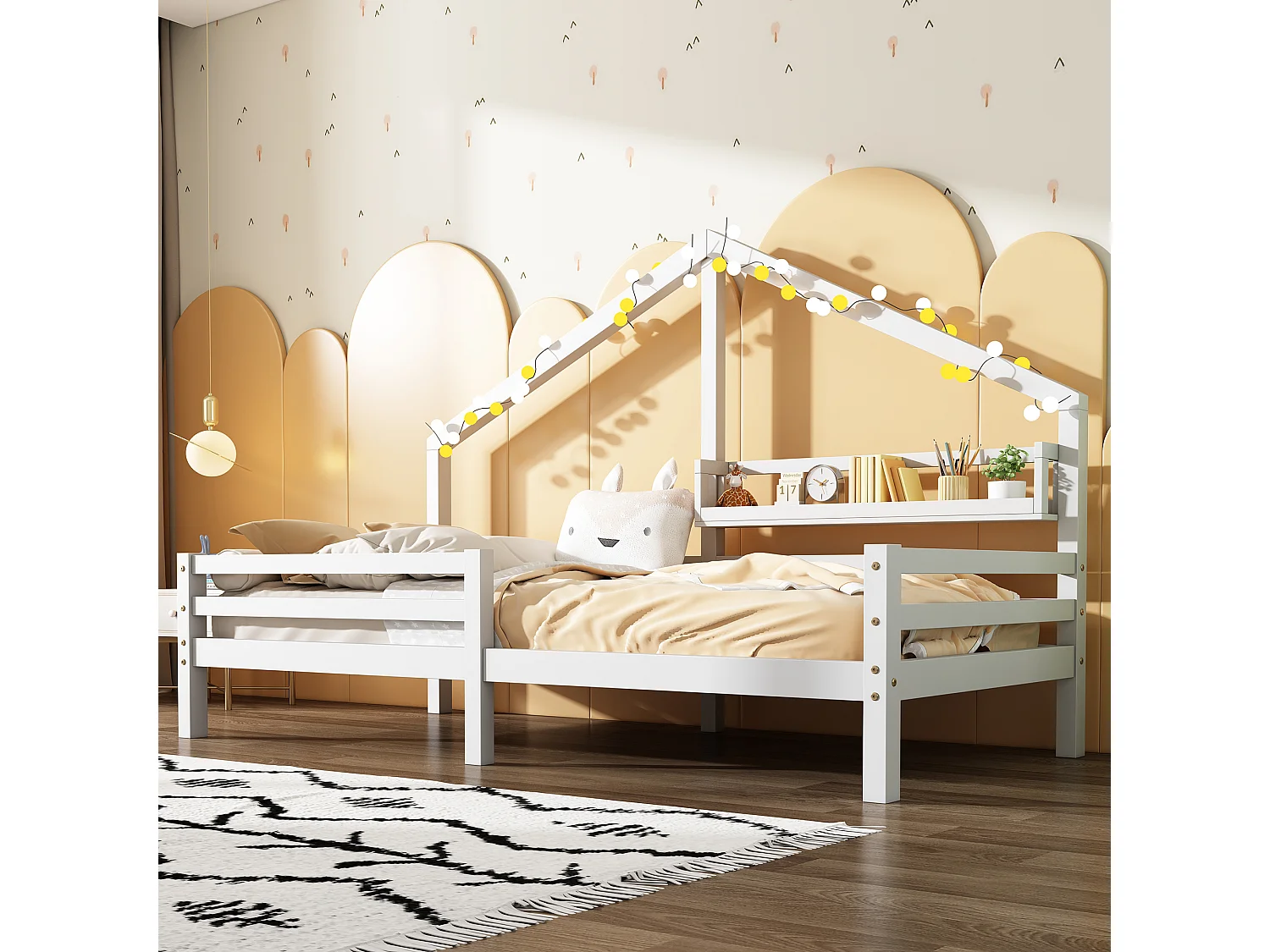 Lit cabane 90x200 cm lit enfant avec étagère de rangement - en bois de pin - Blanc - sans matelas