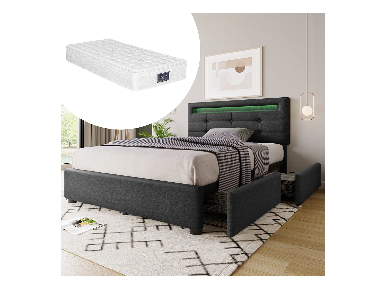 Lit simple 90x200 cm avec tête de lit capitonné réglable, LED et 2 tiroirs - tissu en lin gris - matelas inclus