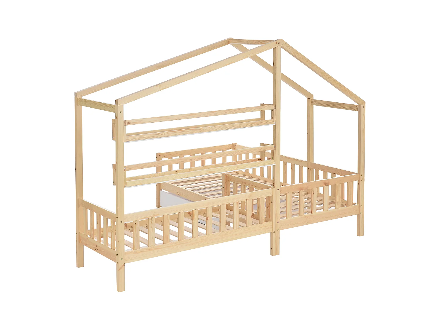 Lit Cabane enfant en L 90x200 cm + 140x70 cm avec tiroirs et étagères - Bois avec clôture - Naturel