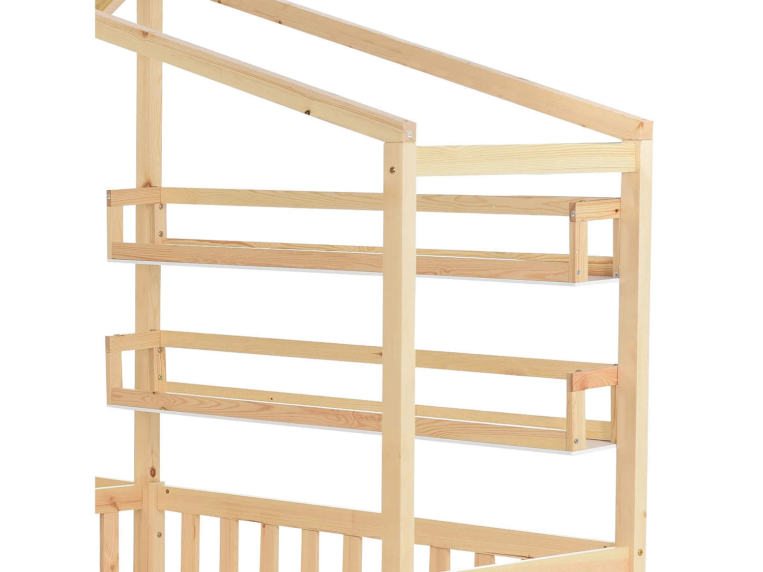 Lit Cabane enfant en L 90x200 cm + 140x70 cm avec tiroirs et étagères - Bois avec clôture - Naturel