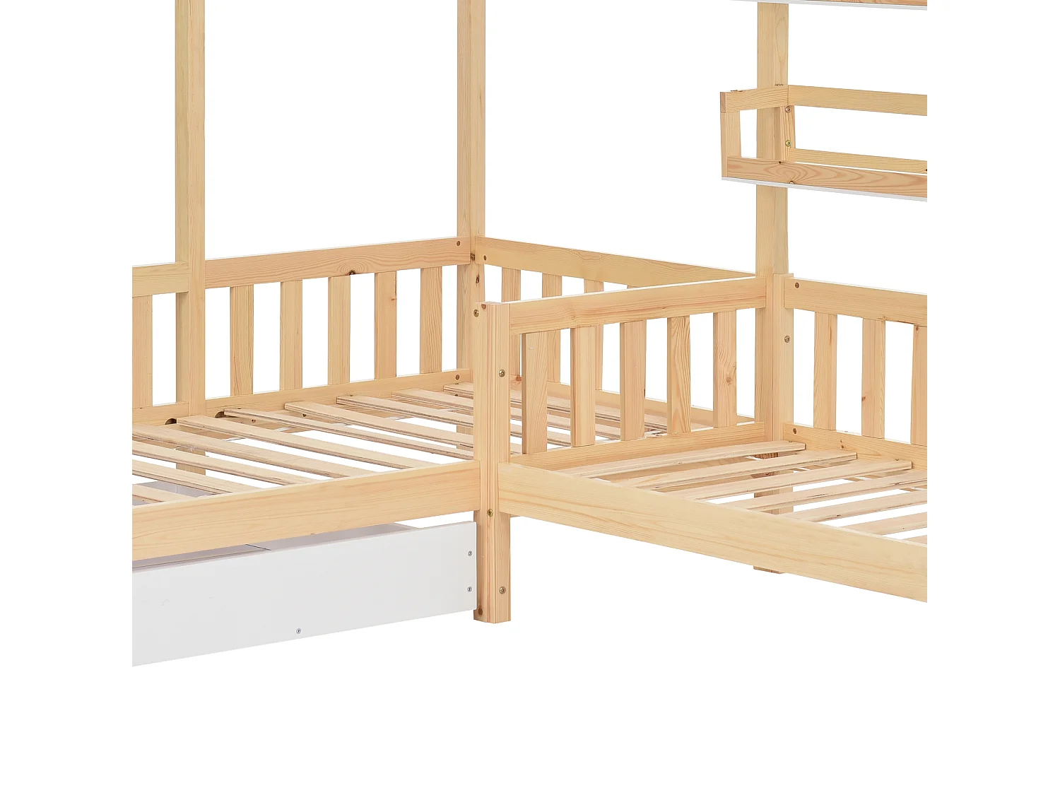 Lit Cabane enfant en L 90x200 cm + 140x70 cm avec tiroirs et étagères - Bois avec clôture - Naturel