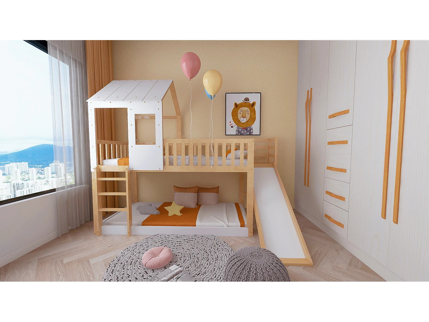 Lits superposés 90x200 cm - lit enfant 2 places avec échelle et toboggan - pin et MDF - naturel - sans matelas