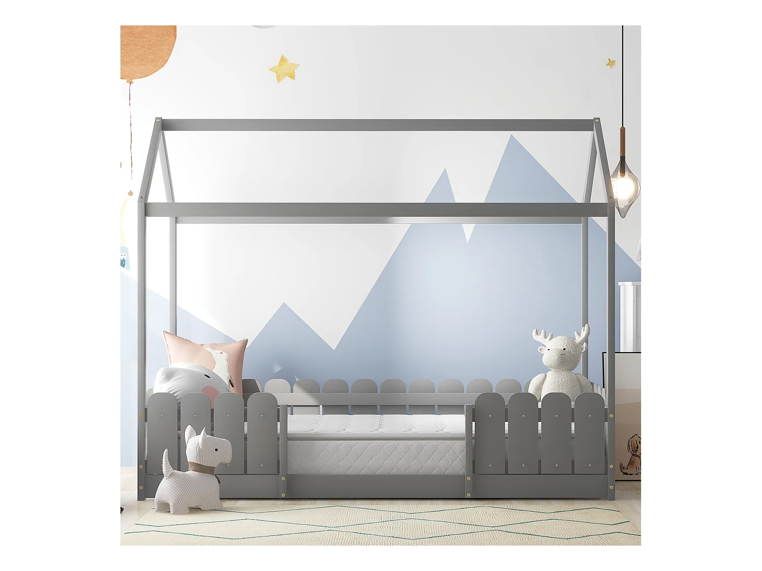 Lit cabane 90x200 cm lit enfant avec sommier à lattes - en bois de pin - Gris - sans matelas