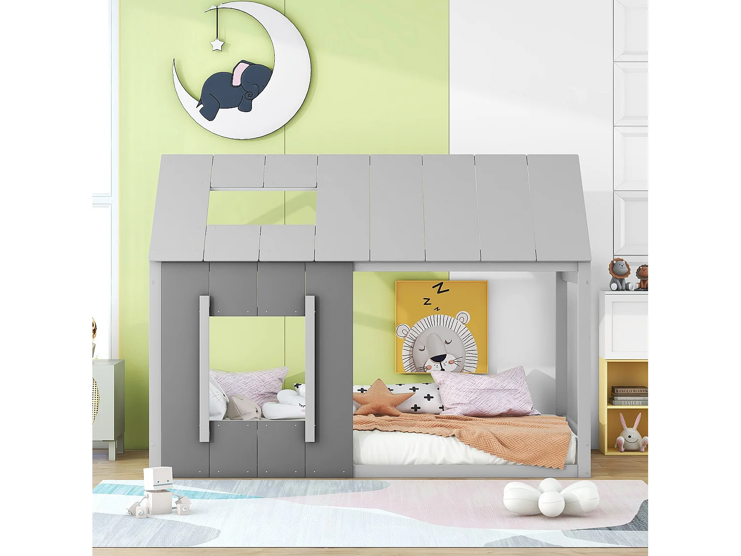 Letto per bambini 90x200 cm con tetto e finestra, rete a doghe in legno, grigio - senza materasso