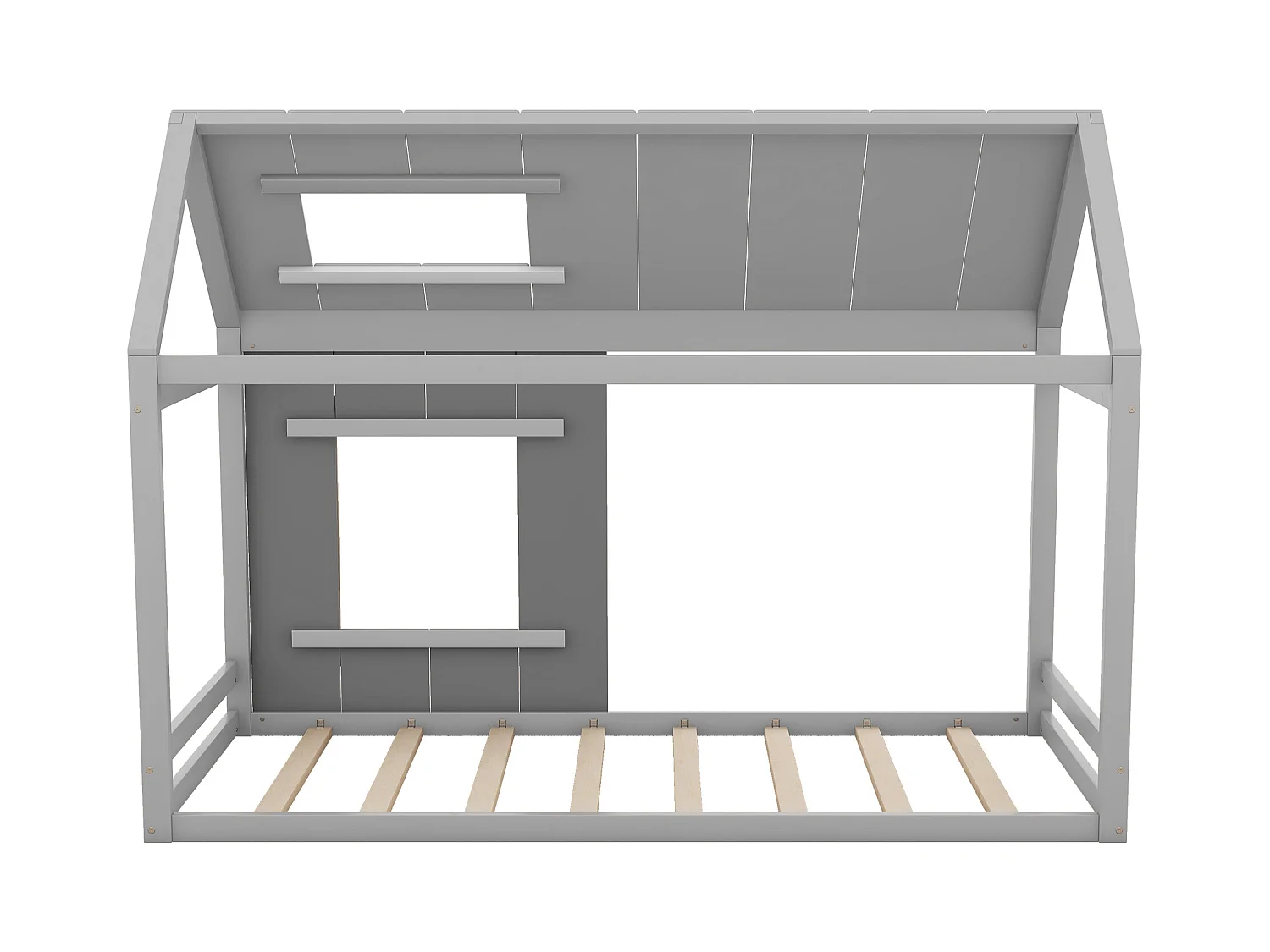 Letto per bambini 90x200 cm con tetto e finestra, rete a doghe in legno, grigio - senza materasso