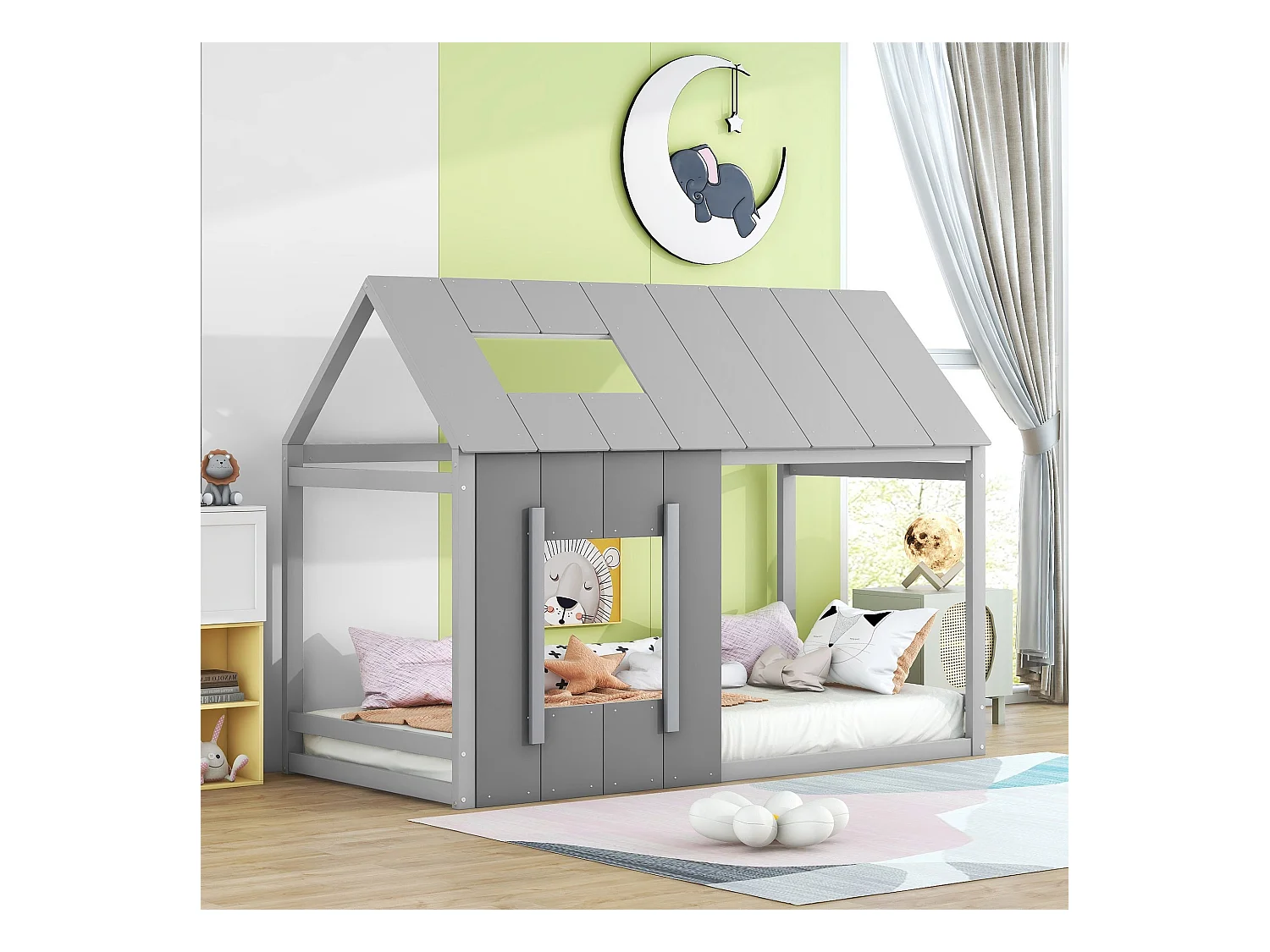 Lit enfant 90x200 cm avec toit et fenêtre, sommier à lattes en bois, gris - sans matelas
