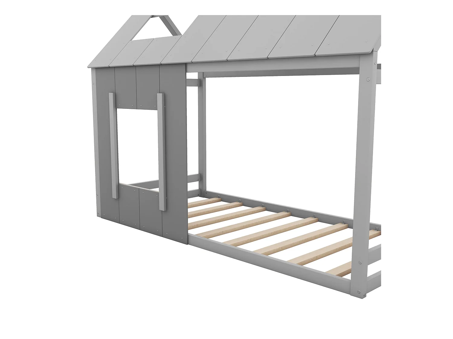 Kinderbed 90x200 cm met dak en raam, houten lattenbodem, grijs - zonder matras