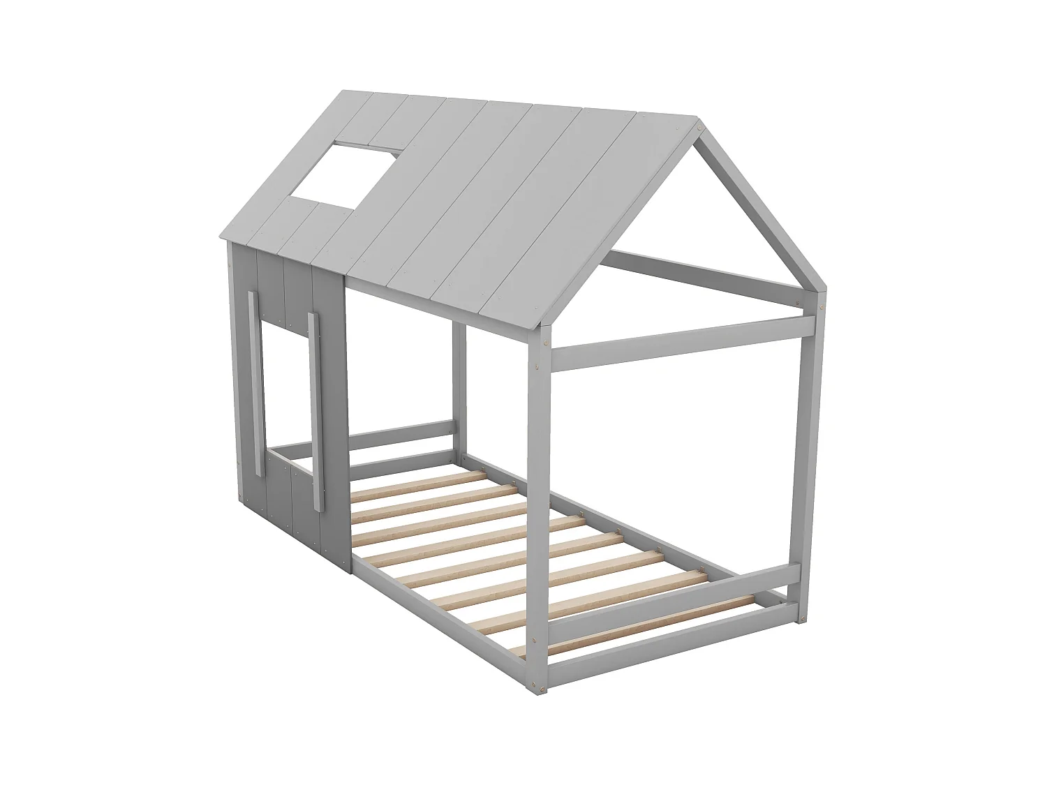 Kinderbed 90x200 cm met dak en raam, houten lattenbodem, grijs - zonder matras