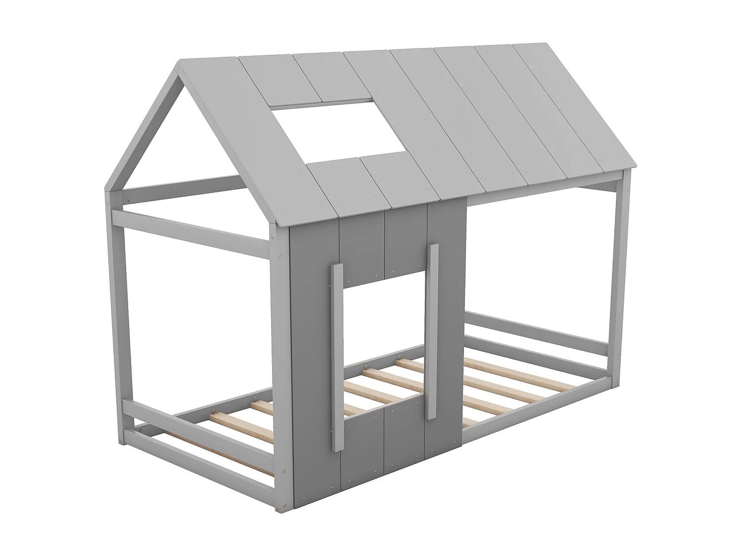 Cama infantil 90x200 cm con techo y ventana, somier de láminas de madera, gris - sin colchón