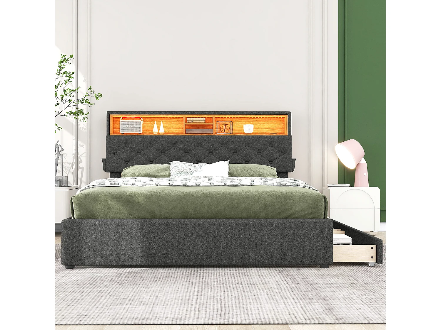 Lit adulte140x200 cm lit double avec 2 tiroirs, USB et LED - tissu en lin gris - sans matelas