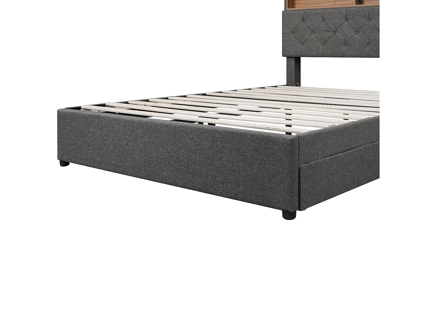Lit adulte140x200 cm lit double avec 2 tiroirs, USB et LED - tissu en lin gris - sans matelas