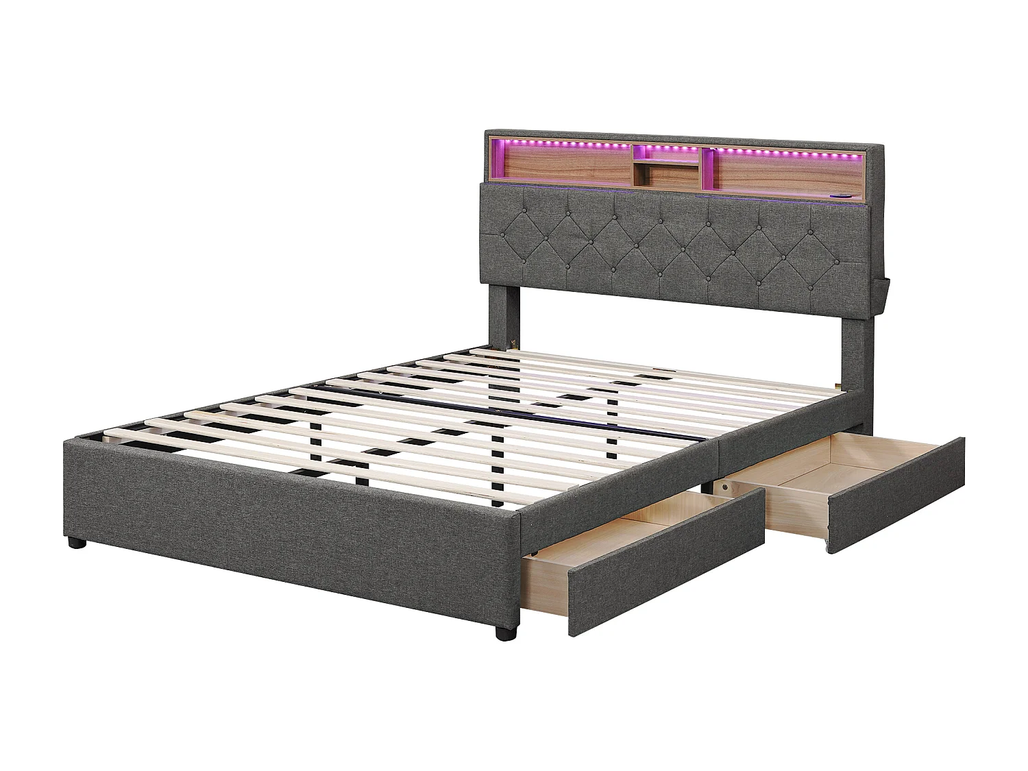 Lit adulte140x200 cm lit double avec 2 tiroirs, USB et LED - tissu en lin gris - sans matelas