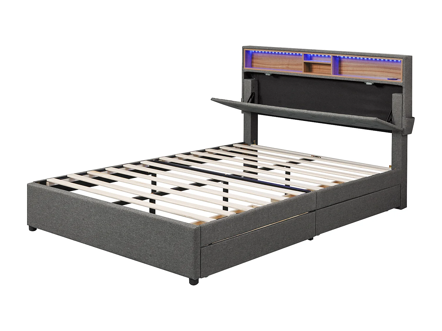 Lit adulte140x200 cm lit double avec 2 tiroirs, USB et LED - tissu en lin gris - sans matelas