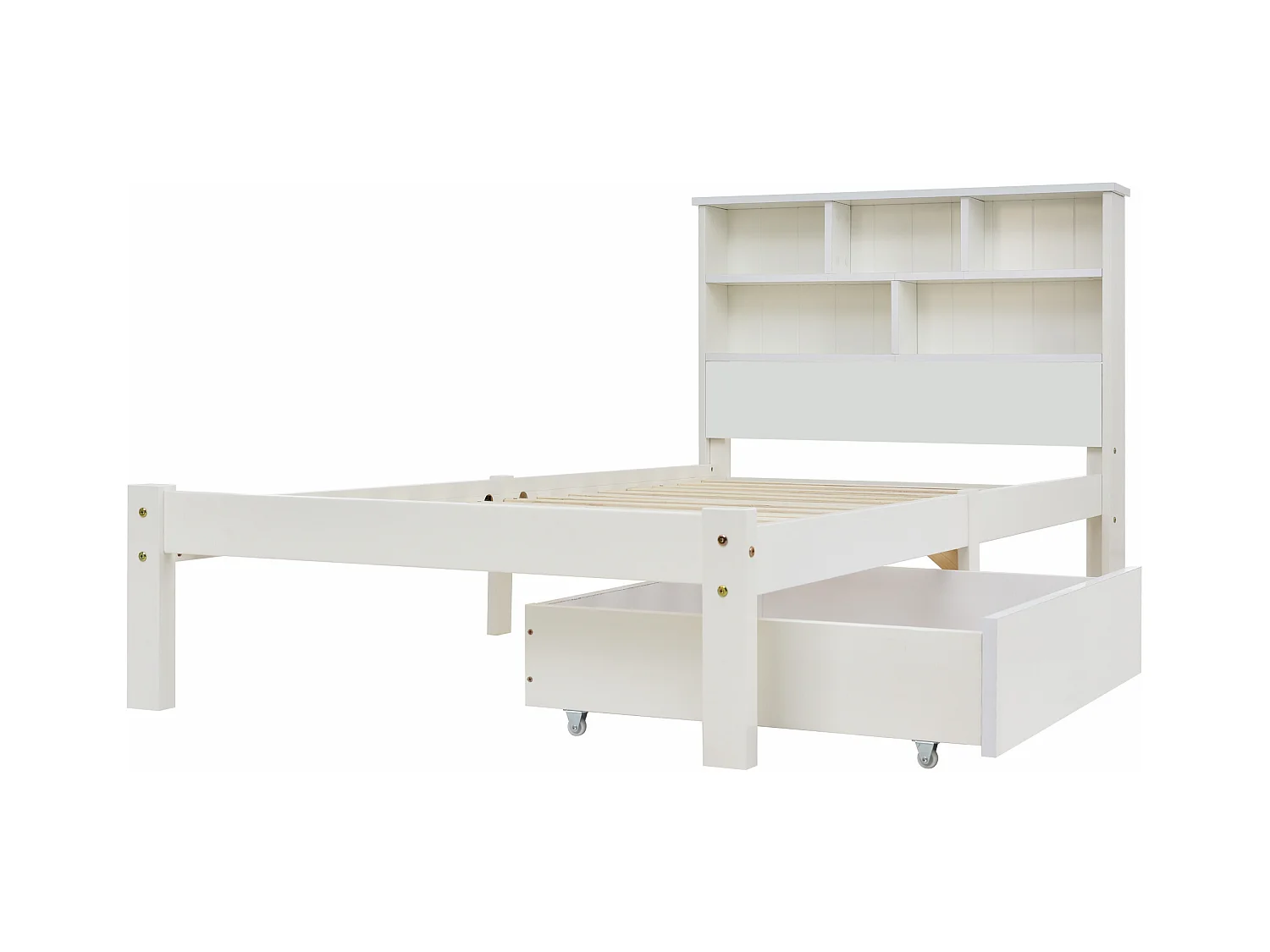 Cama individual 90x200 cm en madera con cajones y librería - Blanco