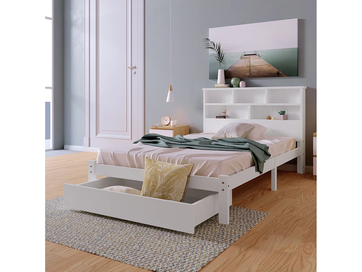 Cama individual 90x200 cm en madera con cajones y librería - Blanco