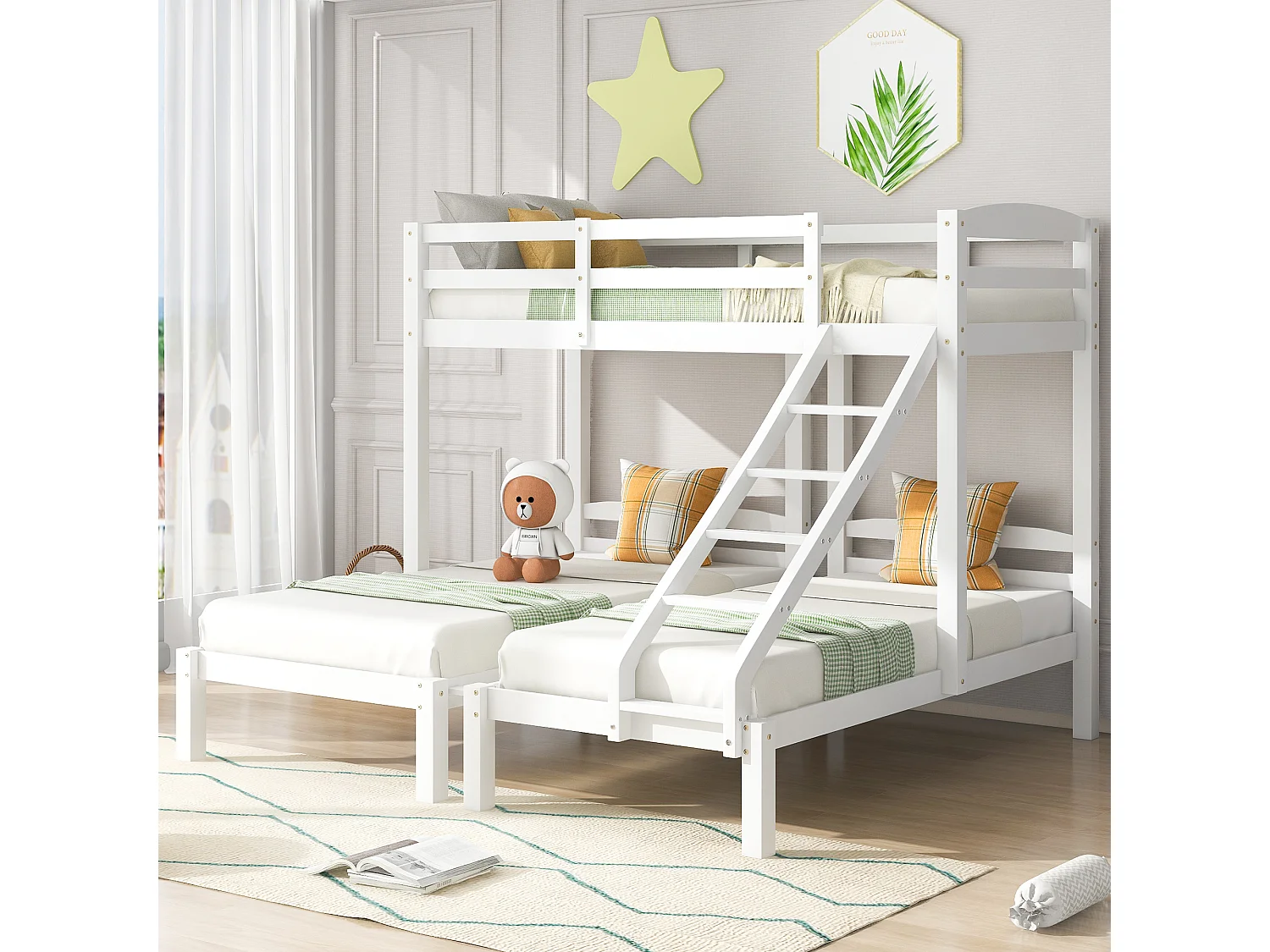 Lit superposé 90x200 cm lit enfant 3 places avec échelle et protection antichute - en bois de pin blanc - sans matelas