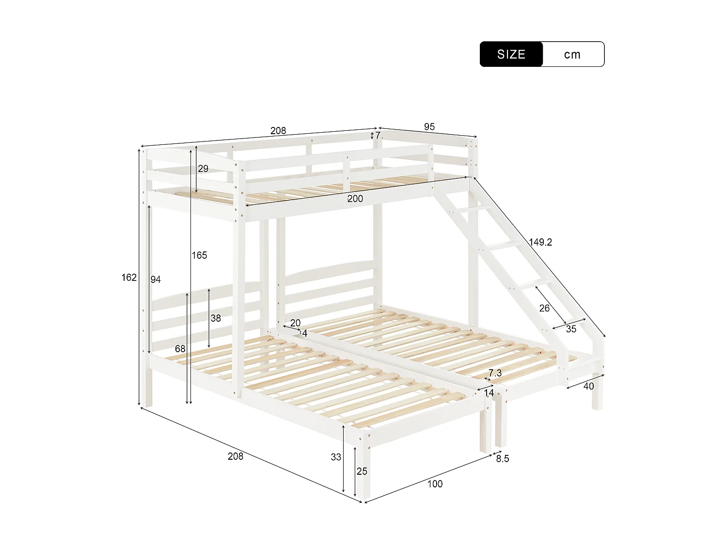Lit superposé 90x200 cm lit enfant 3 places avec échelle et protection antichute - en bois de pin blanc - sans matelas