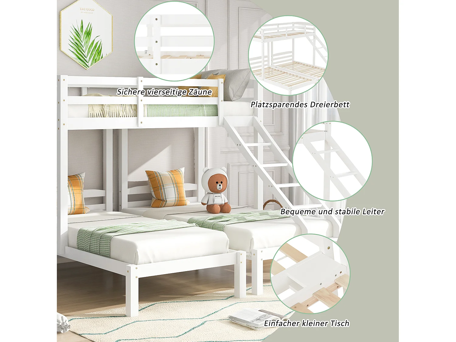 Lit superposé 90x200 cm lit enfant 3 places avec échelle et protection antichute - en bois de pin blanc - sans matelas