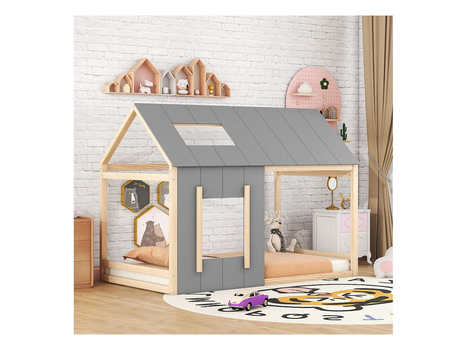 Lit enfant 90x200 cm avec toit et fenêtre, sommier à lattes en bois, naturel et gris - sans matelas