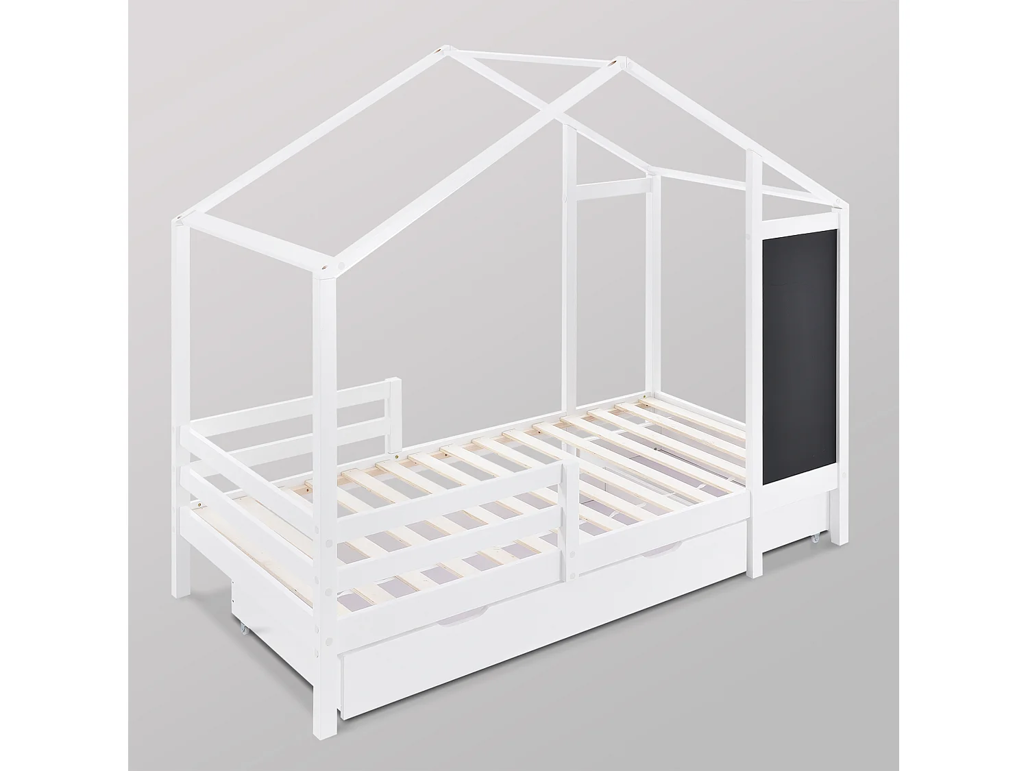 Lit cabane 90x200 cm lit enfant 90x200 avec tableau et 2 tiroirs - en bosi massif - blanc - sans matelas