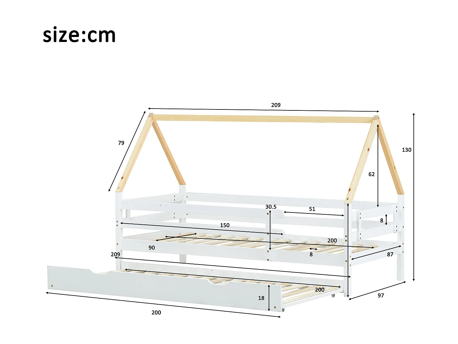 Lit Cabane Méridienne 200x90 cm Bois Massif avec Roulettes - Naturel et Blanc