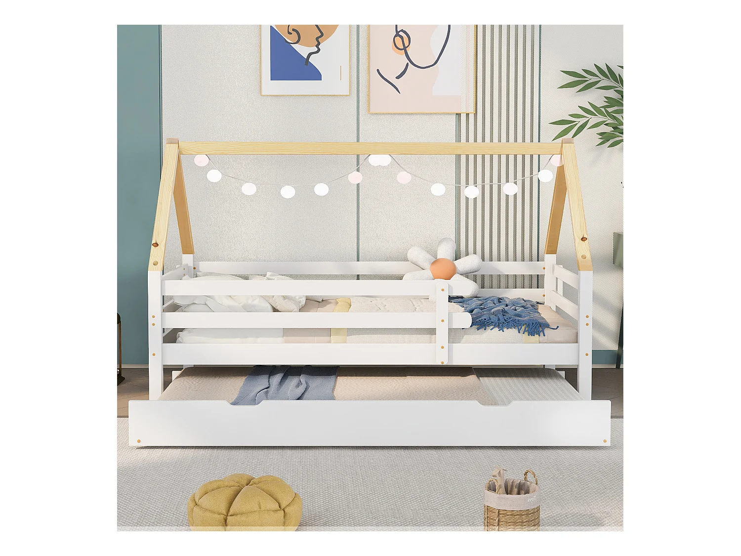Lit Cabane Méridienne 200x90 cm Bois Massif avec Roulettes - Naturel et Blanc