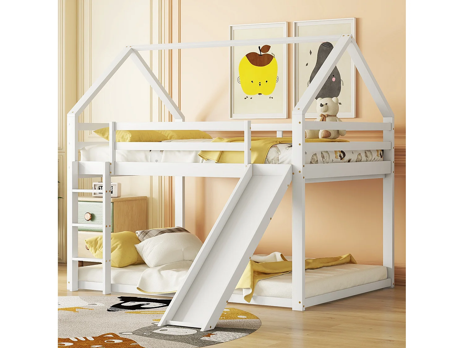 Lit superposé 140x200 cm, lit enfant avec toboggan et échelle - Blanc - sans matelas