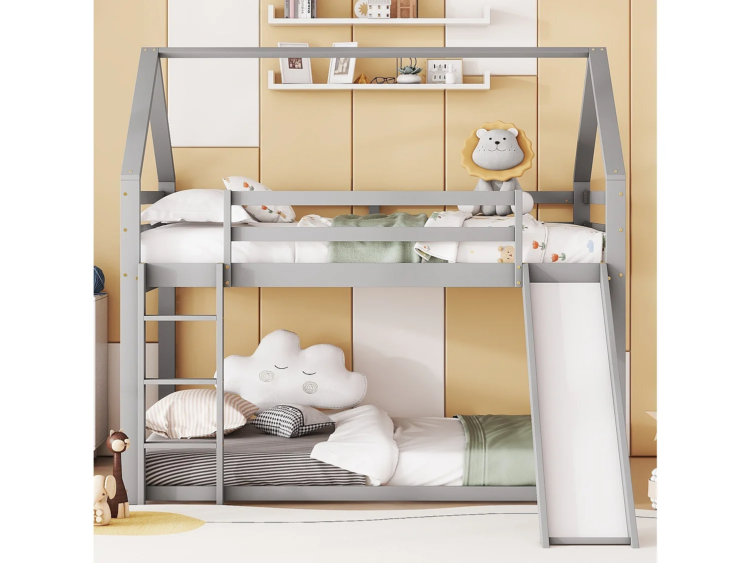 Lit superposé 140x200 cm, lit enfant avec toboggan et échelle - gris - sans matelas