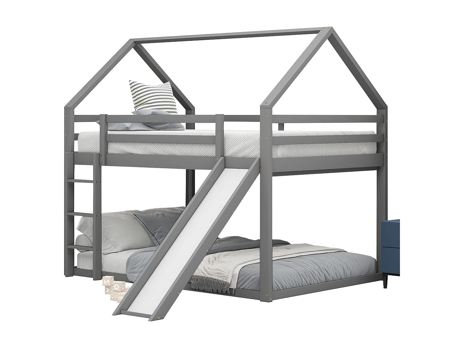Lit superposé 140x200 cm, lit enfant avec toboggan et échelle - gris - sans matelas