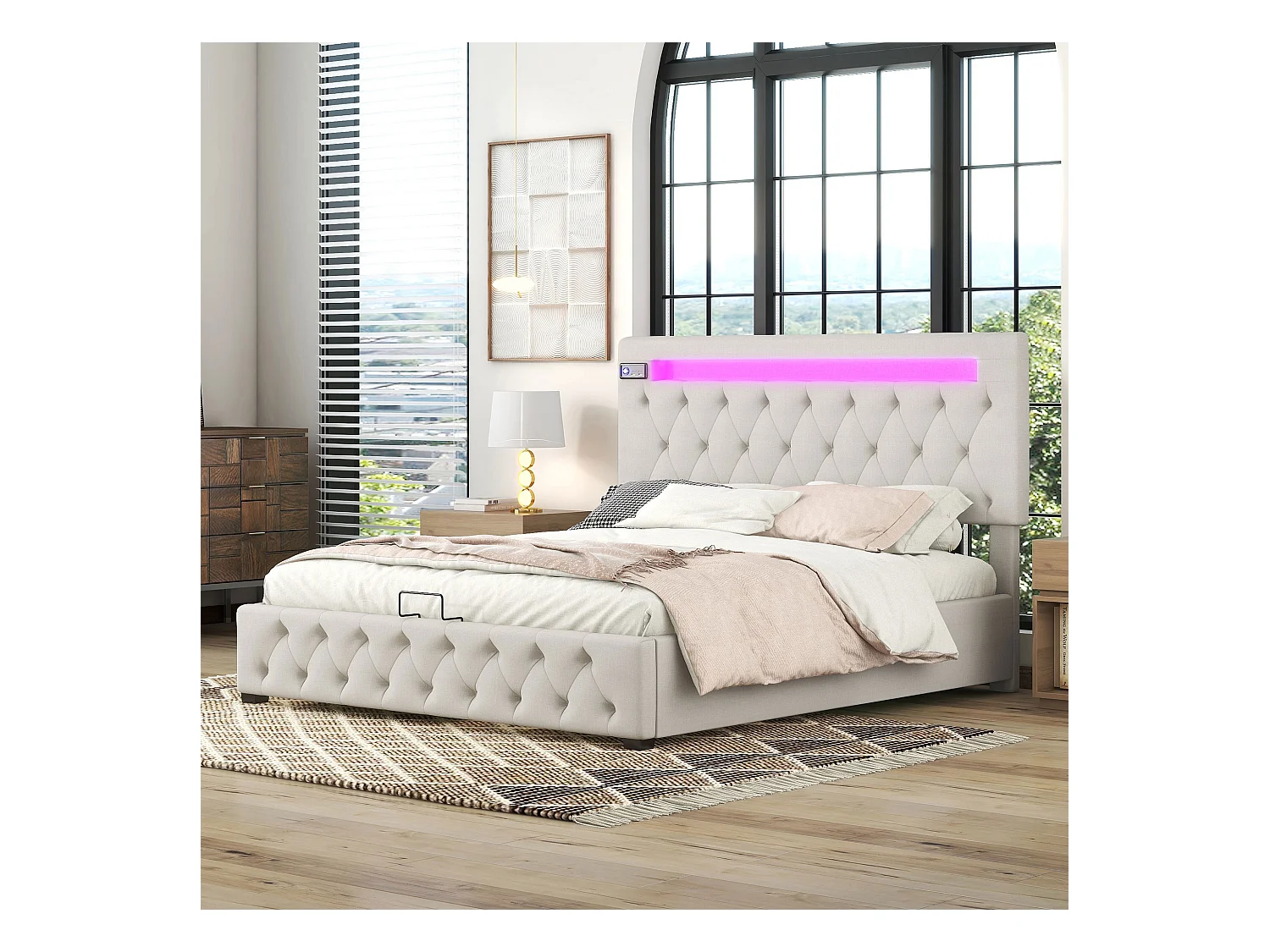 Lit coffre 140x200 cm - lin beige - lit double avec lecteur bluetooth et chargement USB - éclairage LED - sans matelas