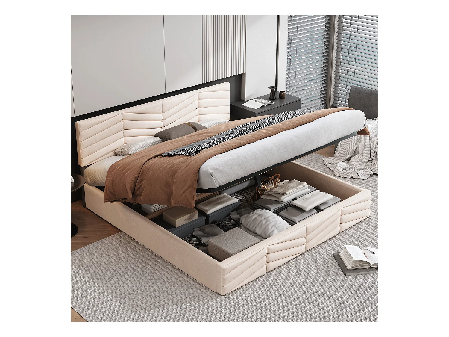 Lit coffre 160x200 cm - velours beige - lit adulte avec tête de lit réglable et sommier à lattes - sans matelas