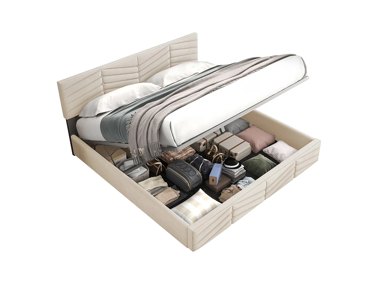 Lit coffre 160x200 cm - velours beige - lit adulte avec tête de lit réglable et sommier à lattes - sans matelas