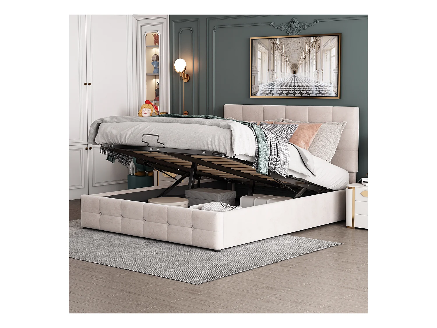 Lit coffre 140x200 cm lit adulte avec sommier à lattes - tissu en velours beige - sans matelas