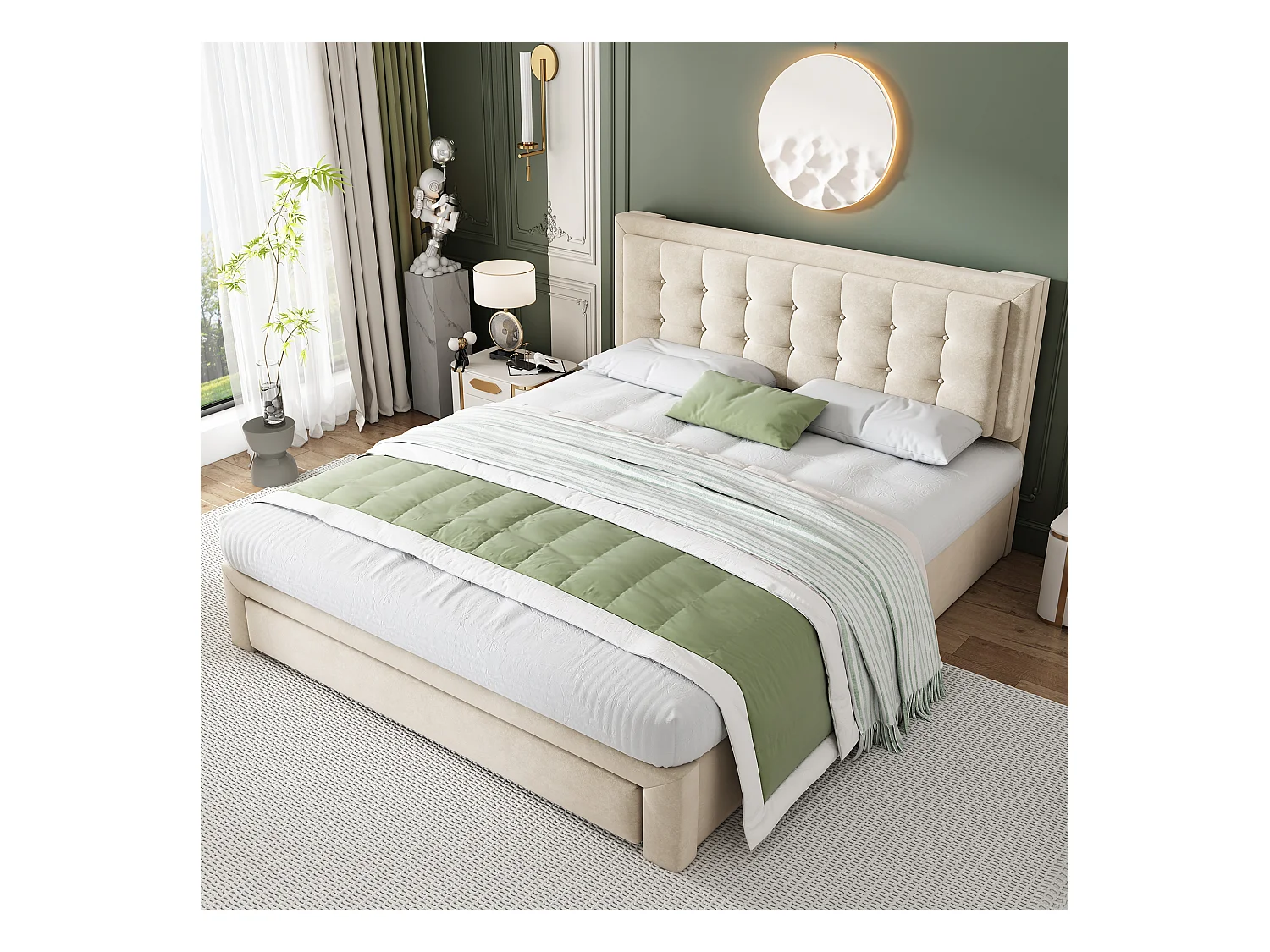 Bett mit Stauraum 180 x 200 cm – beigefarbener Samt – Doppelbett mit Schubladen und verstellbarem Kopfteil – ohne Matratze