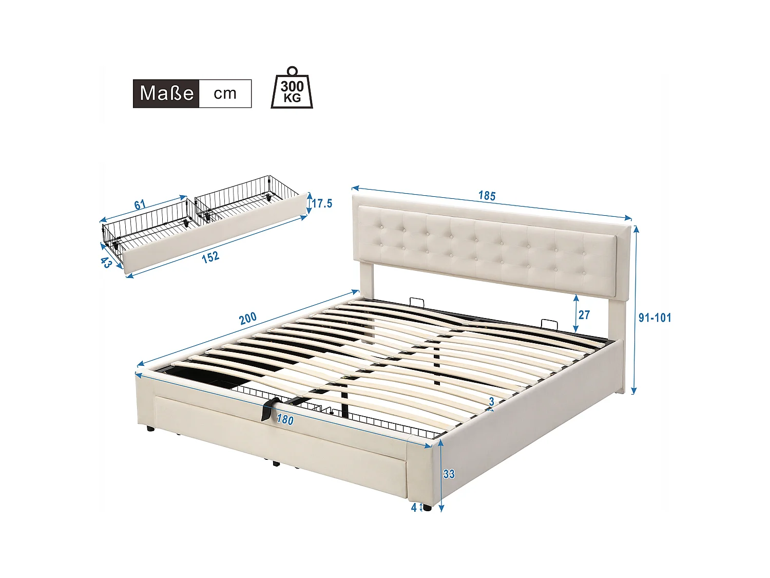 Bett mit Stauraum 180 x 200 cm – beigefarbener Samt – Doppelbett mit Schubladen und verstellbarem Kopfteil – ohne Matratze