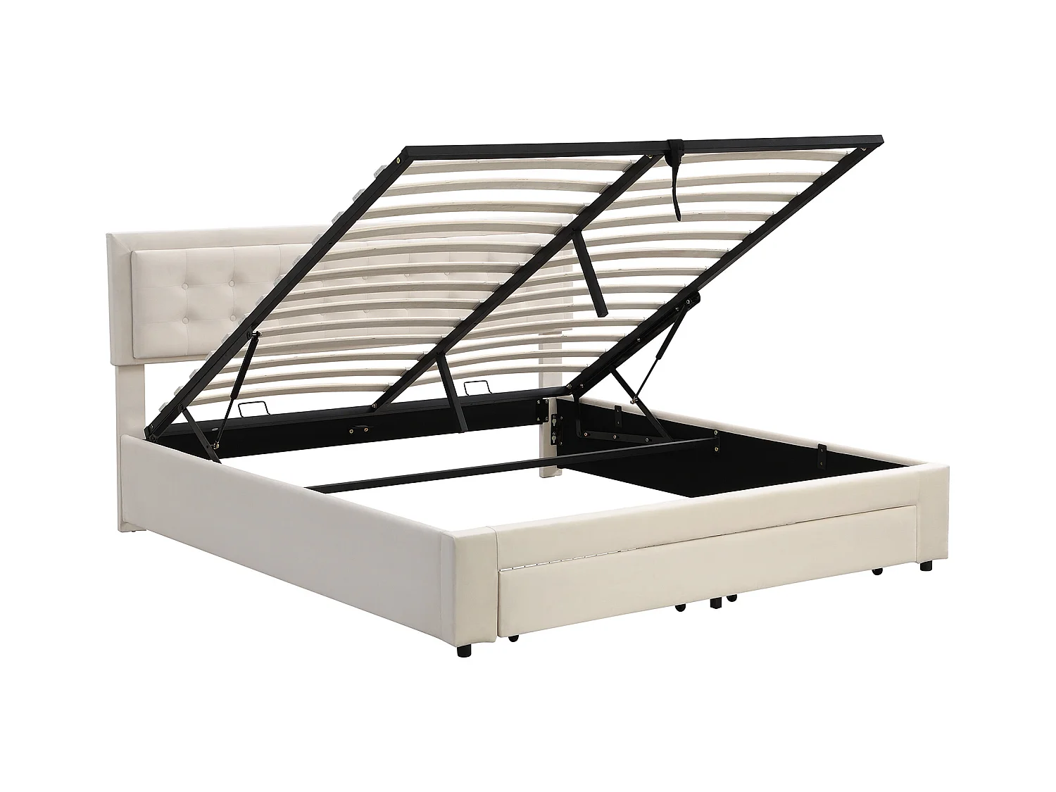 Bett mit Stauraum 180 x 200 cm – beigefarbener Samt – Doppelbett mit Schubladen und verstellbarem Kopfteil – ohne Matratze