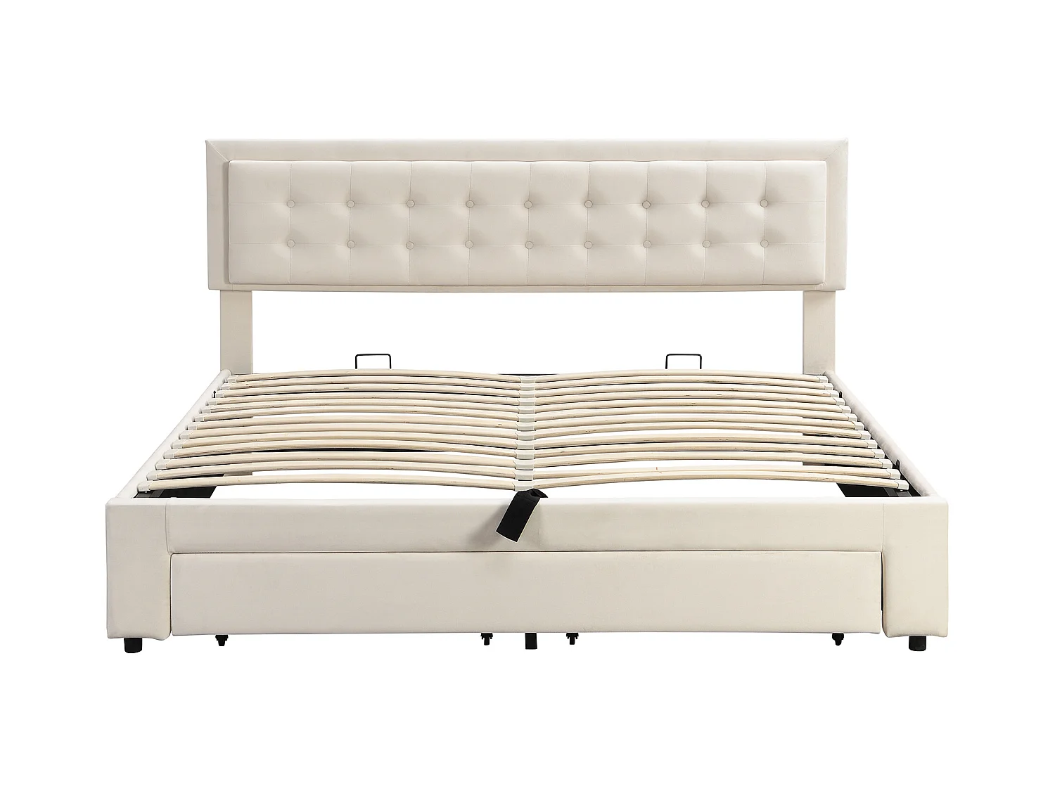 Bett mit Stauraum 180 x 200 cm – beigefarbener Samt – Doppelbett mit Schubladen und verstellbarem Kopfteil – ohne Matratze