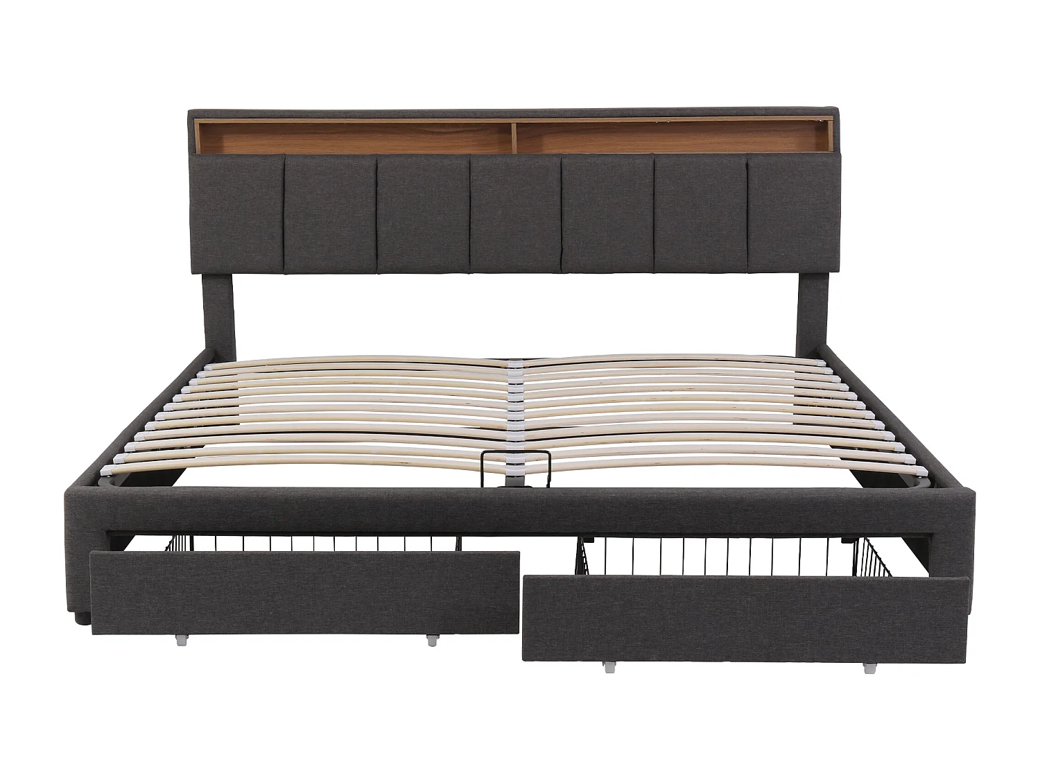 Lit coffre adulte 180x200 cm avec 2 tiroirs - Lin gris - éclairage LED et tête de lit de rangements - Sans matelas et sans fond