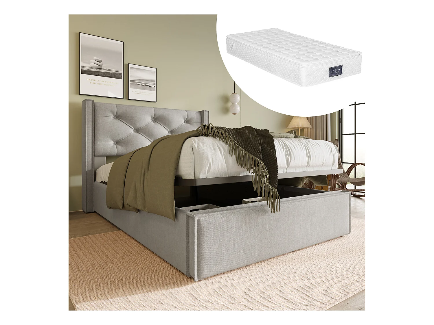 Lit coffre 90x200 cm lit simple avec espace de rangement - tissu en coton gris clair - matelas inclus