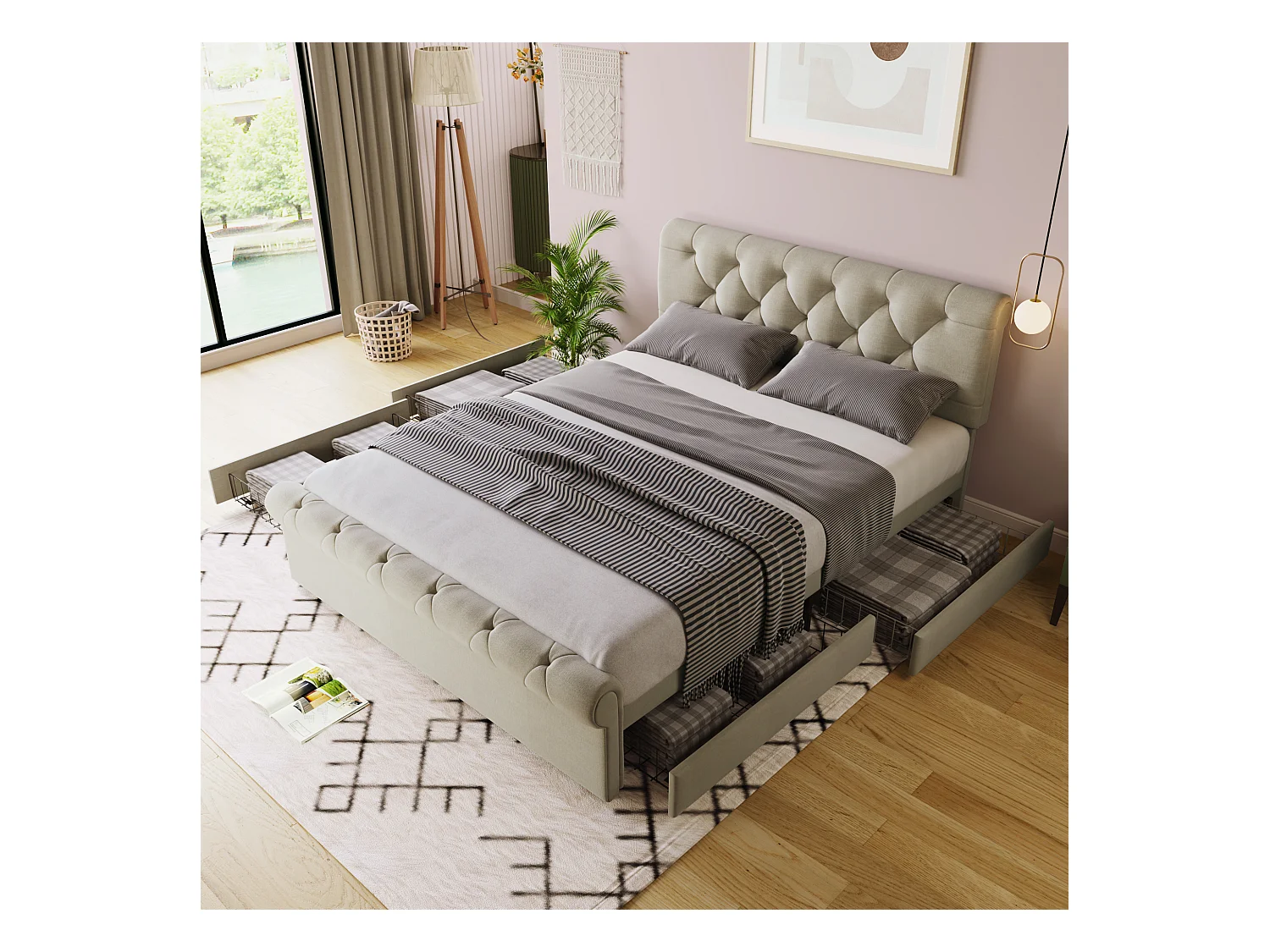 Lit double 140x200 cm lit adulte avec tiroirs et tête de lit réglable - tissu en lin beige - matelas inclus